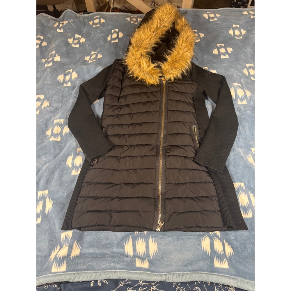 Calvin Klein Performance Men Black Hybrid Puffer Jacket Faux Fur Hood Medium